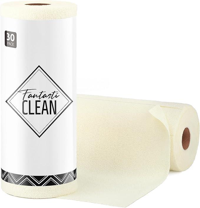 Fantasticlean Microfiber Cleaning Cloth Roll -30 Pack, Tear Away Microfiber Towels, 12" x 12", Reusable, Washable, Scratch Free, Ultra Absorbent Dishcloth for Car, Home Supplies, Pet, Kitchen (Beige) - NeatNest
