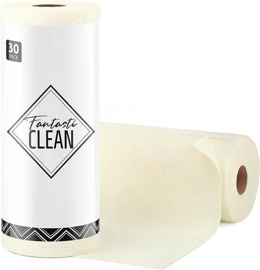 Fantasticlean Microfiber Cleaning Cloth Roll -30 Pack, Tear Away Microfiber Towels, 12" x 12", Reusable, Washable, Scratch Free, Ultra Absorbent Dishcloth for Car, Home Supplies, Pet, Kitchen (Beige) - NeatNest