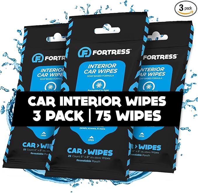 Fortress Car Interior Wipes (25 ct, Pack of 3) for Car Interior Cleaning, Dashboard, Seats, Detailing, and Steering Wheel [Travel Size] Skin-Safe Car Interior Cleaner Supplies - NeatNest