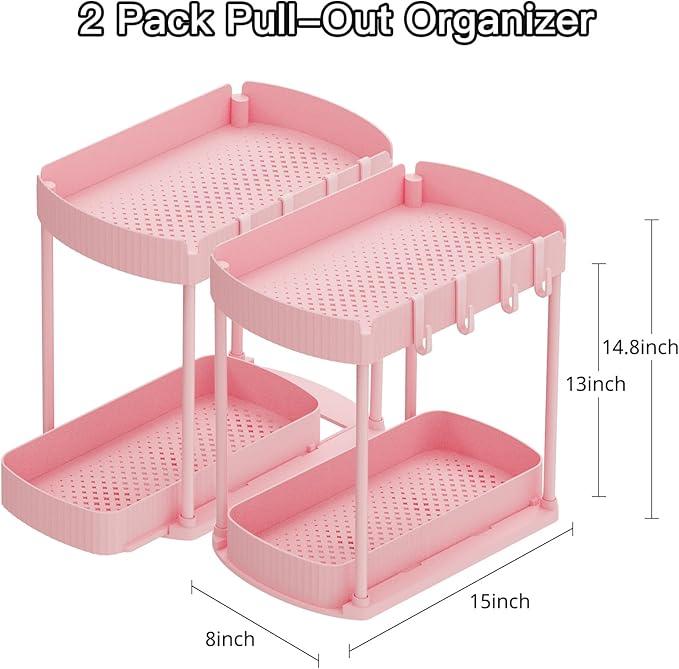 2 Pack Multi-Purpose Pull-Out Storage Organizers, Under Sink Organizers and Storage for Bathroom & Kitchen, Under Cabinet Organizers and storage, 14.8 Inch, Pink - NeatNest