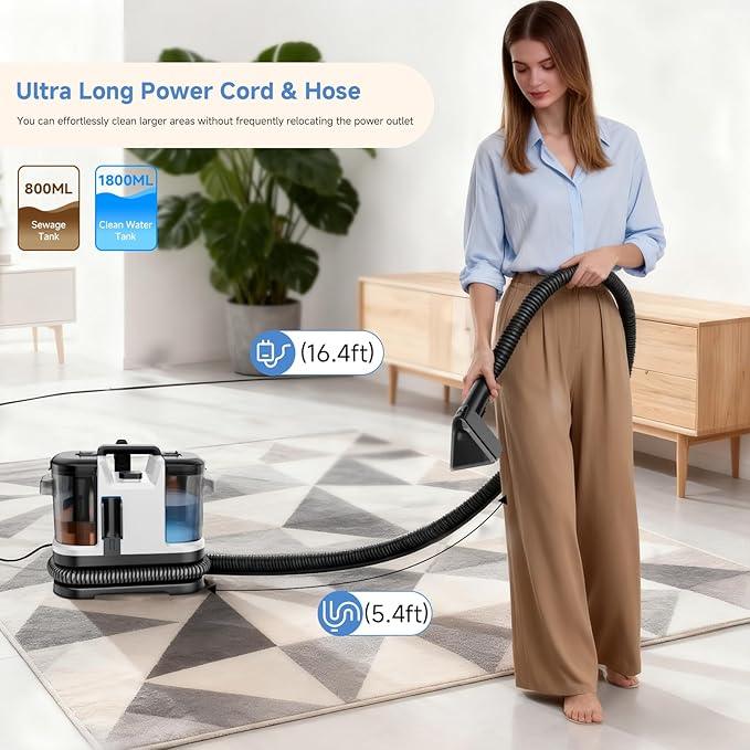 Portable Spot Cleaner Machine for Carpet and Upholstery - 18Kpa Carpet Cleaner with Dual BrushHeads, Easy Move, Cleaning Machine for Furniture, Couch, Stairs, Car and Pet Stain, White - NeatNest