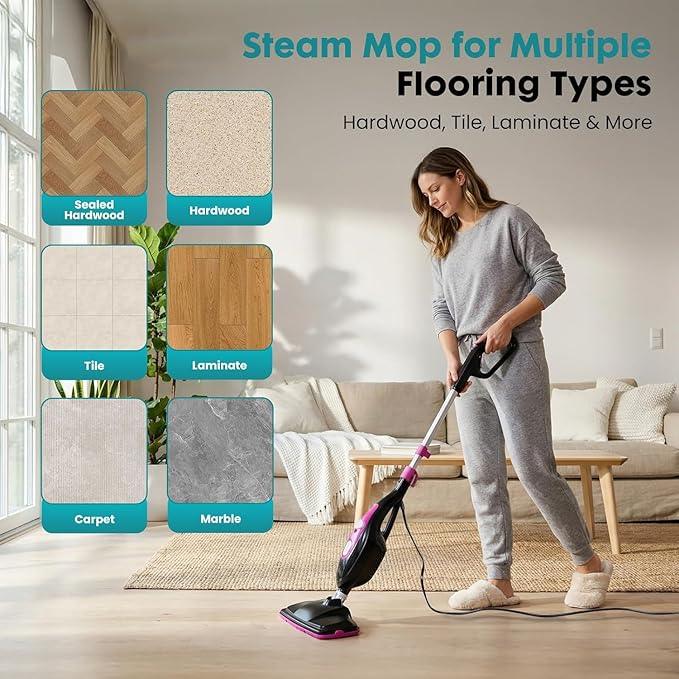Steam Mop for Floor Cleaning, Handheld Electric Mop Steamer for Home, Hardwood Floor Steamer for Kitchen, Living Room Wood Floor Tile Carpet Clothes Cleaning, Black and Pink - NeatNest