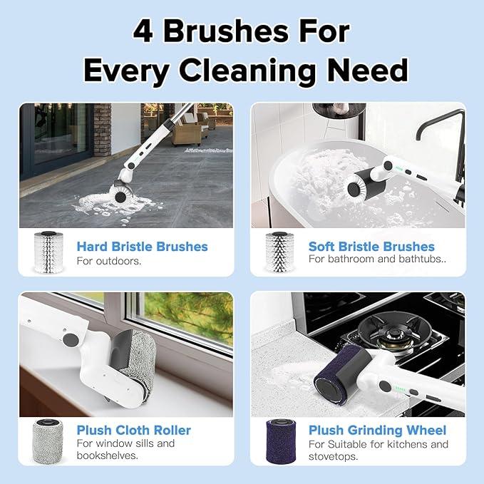 Roller-Type Electric Cleaning Brush - 2025 New Cordless Shower Scrubber with 200min Runtimes, 2-Speeds & 56" Extendable Handle, 4 Brush Heads, Shower Cleaner Brush, for Bathtub/Tile/Floor - NeatNest