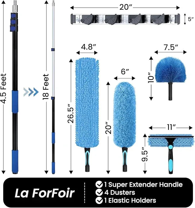 25ft High Ceiling Duster Kits with 5-18ft Heavy Duty Extension Pole - Fan Blade Cleaner, Cobweb Remover & Blue Window Squeegee Kit, Washable Dust Brush for High Roof and Glass Surfaces - NeatNest