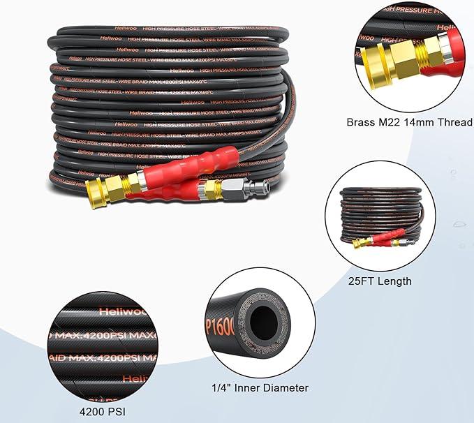 Pressure Washer Hose 25FT, 4200PSI 1/4 No Marking Kink Free Hose with 3/8 Quick Connect Ends and Adapters for Hot & Cold Water up to 140°F, Steel Wire Braided Hose for Power Washing - NeatNest