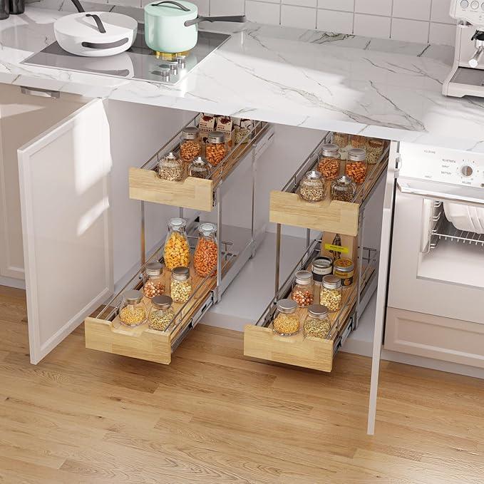 Pull Out Cabinet Organizer,Heavy-Duty Slide Out Shelf, Wood and Wire Basket, Pull Out Drawer for for Kitchen Under Sink Space, Pantry, Bathroom, 2 Tie 9 * 21 in - NeatNest