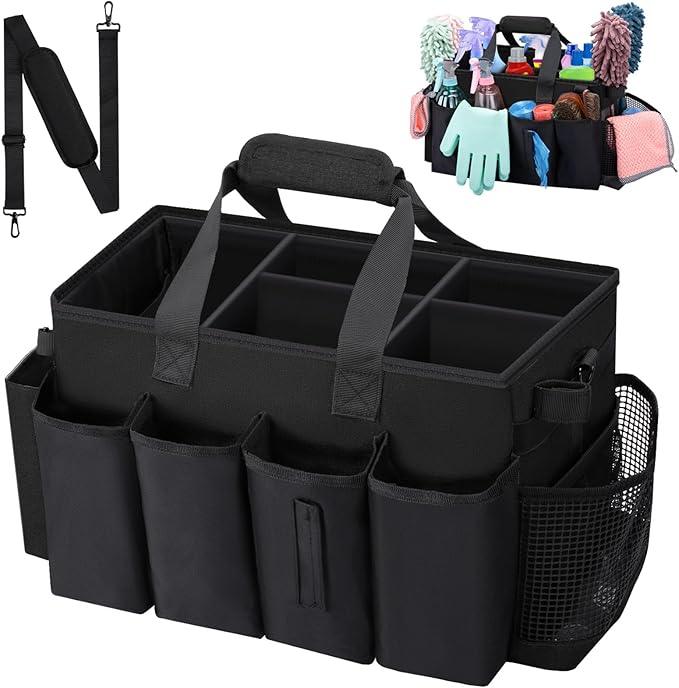 Wearable Large Cleaning Caddy Bag for Housekeeper, Clean Supply Organizer with Adjustable Shoulder, Waist & Handle Straps, Detailing Bag for Kitchen Supplies (Black) - NeatNest