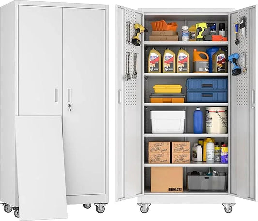 SUXXAN Metal Garage Storage Cabinet with Wheels and Pegboard 71'' x 34'' x 18'', Lockable Rolling Steel Cabinet with 5 Adjustable Shelves and Door for Garage, Office, Kitchen, Assembly Required - NeatNest