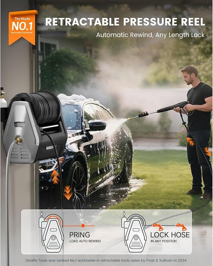 Giraffe Tools Wall Mounted Pressure Washer G30 with Upgraded 1800W Motor, Max 2900 PSI, 2.2 GPM Electric Power Washer with 100ft Retractable Black Pressure Hose, Automatic Rewind, Light Silver - NeatNest