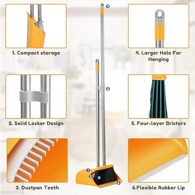 Broom and Dustpan Set with Long Handle 52", Standing Broom and Dust Pan Set for Home Kitchen Room Office Lobby Yellow - NeatNest