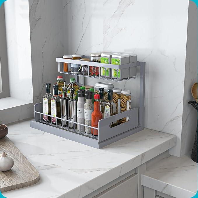 REALINN Under Sink Organizer, Pull Out Cabinet Organizer 2 Tier Slide Out Sink Shelf Cabinet Storage Shelves, Storage for Kitchen Bathroom, Grey, 1 Pack - NeatNest