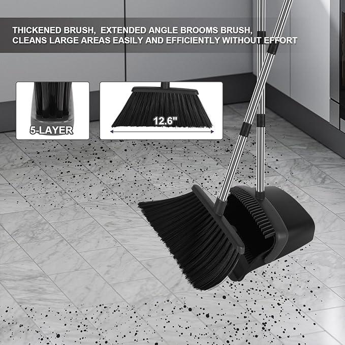 Broom and Dustpan Set, Large Household Broom with Dustpan Combo Set, 55" Long Handle Black Dust Pan Kit for Kitchen Lobby Office Indoor Outdoor - NeatNest