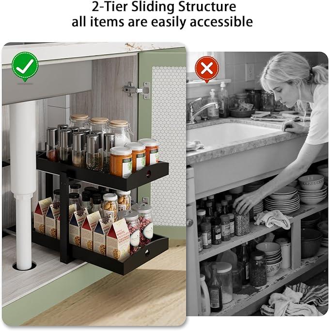 Bamboo Wood Under Sink Organizer 1 Pack, Pull Out Cabinet Organizer 2 Tier Under Sink Organizers and Storage with Sliding Drawer Sturdy Easy Assembly for Kitchen Bathroom Undersink (Black, 2 Packs) - NeatNest
