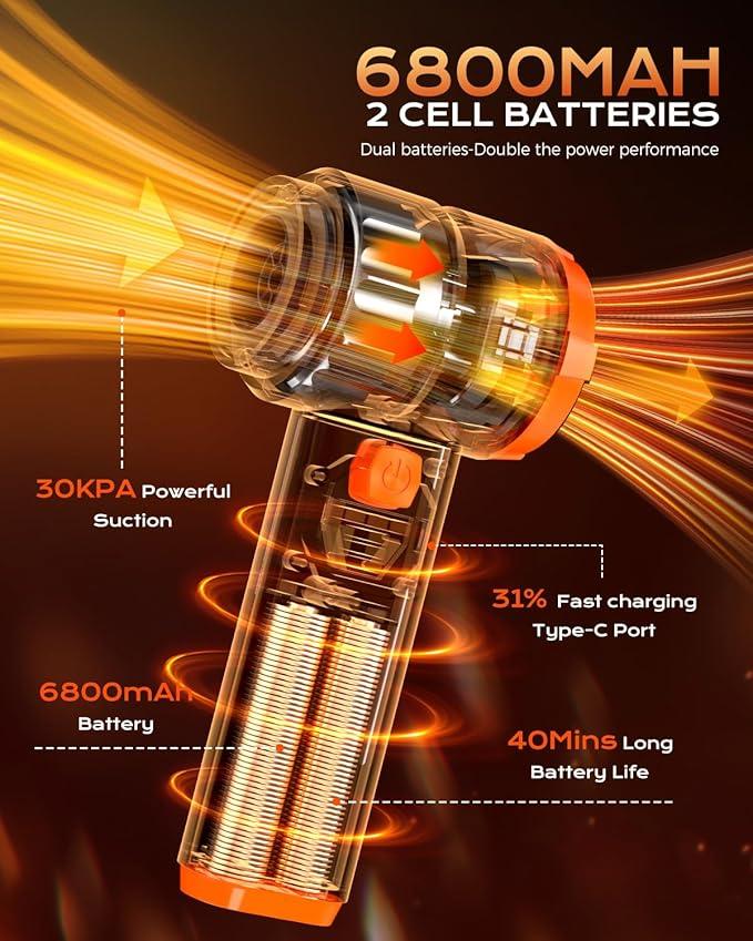 Car Vacuum Portable Cordless, 4-in-1 Handheld Vacuum Cordless with 30000PA Suction, 130000RPM, 6800mAh Battery, 10 Nozzles, Rubber Paint Material for Car, Home, Pet Cleaning（Black Orange） - NeatNest