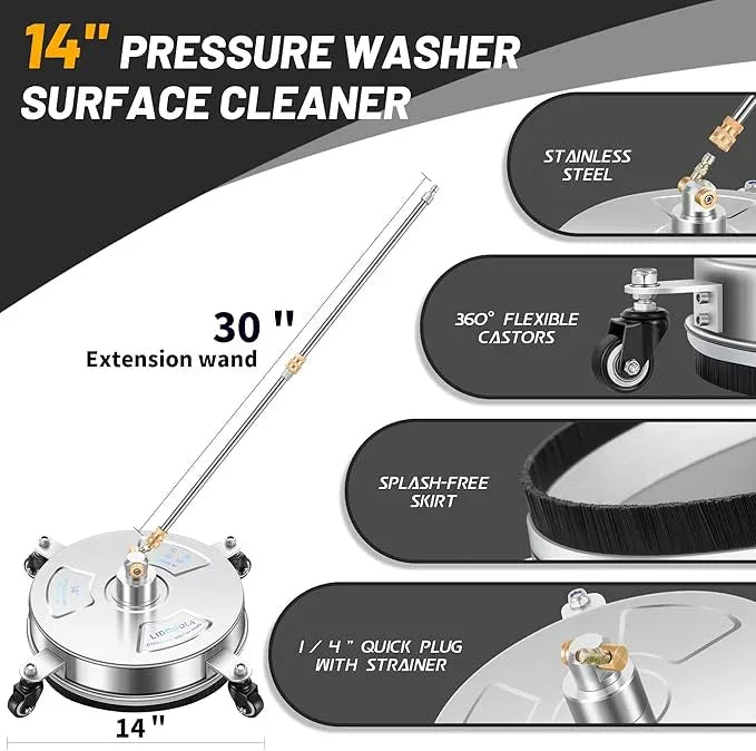 14" Pressure Washer Surface Cleaner with 4 Wheels - Stainless Steel Surface Cleaner for Pressure Washer Attachment for Concrete, Patio, Sidewalk, Deck and Driveways - PWS14 - NeatNest