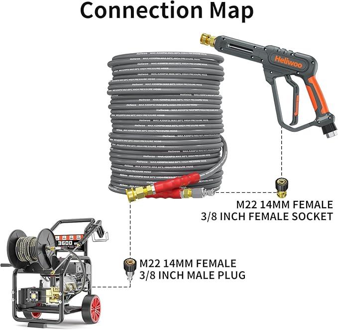 Pressure Washer Hose 100ft 4200PSI with 3/8 Quick Connect, 1/4 Commercial Grade Steel Wire Braided Kink Resistant Power Washer Extension Hose, Flexible Replacement Hose Adapter Set - NeatNest