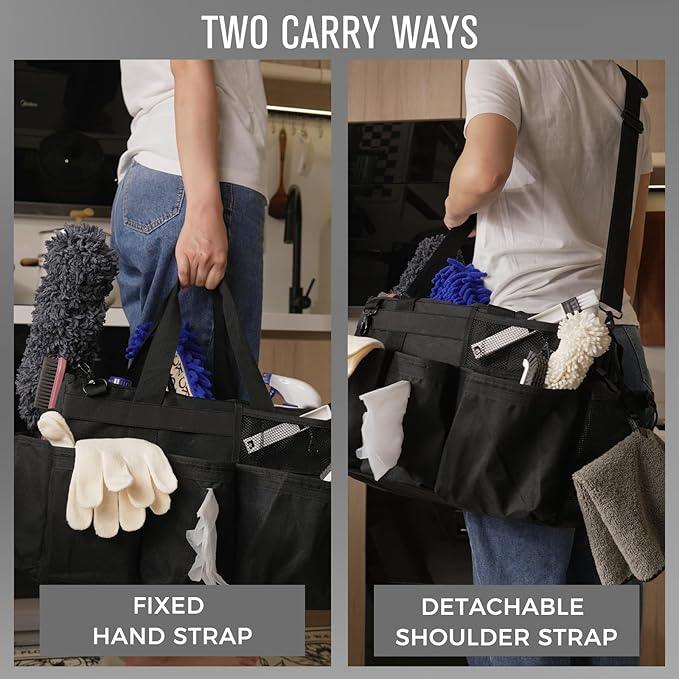 Wearable Cleaning Caddy Organizer with Handle & Shoulder Straps for Housekeepers, Under Sink & Car Cleaning Tool Organizer Bag with 4 Foldable Dividers (Black) - NeatNest