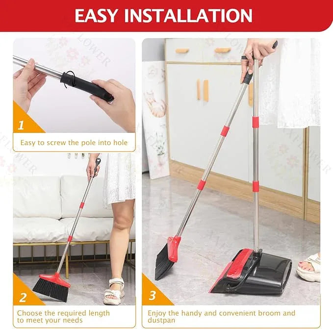 Broom and Dustpan Set with Long Handle, Light Weight Stainless Steel Poles Stand Upright Dustpans with Broom Combo for Home Kitchen Office Pet Dog Hair, Black & Red Color, 1-Pack - NeatNest