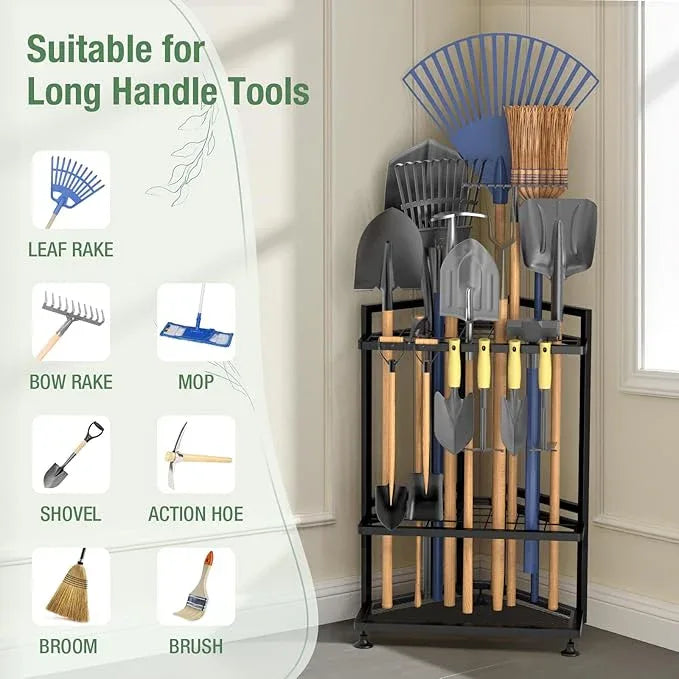 Garden Tool Organizer for Corner,Metal Yard Tool Organizer for Long-Handled Tools/Rakes/Brooms,Side Garden Pocket,Heavy Duty Steel Yard Tool Storage Rack for Garage,Shed, Outdoor - NeatNest