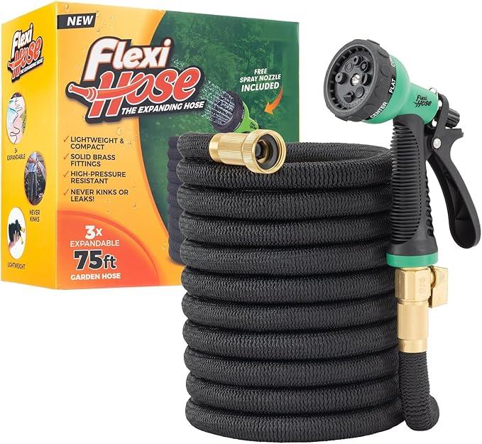 Flexi Hose Expandable Garden Hose with 8 Function Nozzle, 75FT - Lightweight Retractable Garden Hose, Water Hose - No-Kink Flexibility, 3/4 Inch Solid Brass Fittings and Double Latex Core - NeatNest