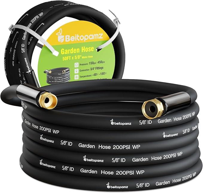 Garden Hose 50 ft x 5/8 in Heavy Duty Water Hose, Flexible and Durable, Lightweight Rubber Hybrid Hose, Leak-Free Connections, Male to Female Fittings, BT50B, Black - NeatNest