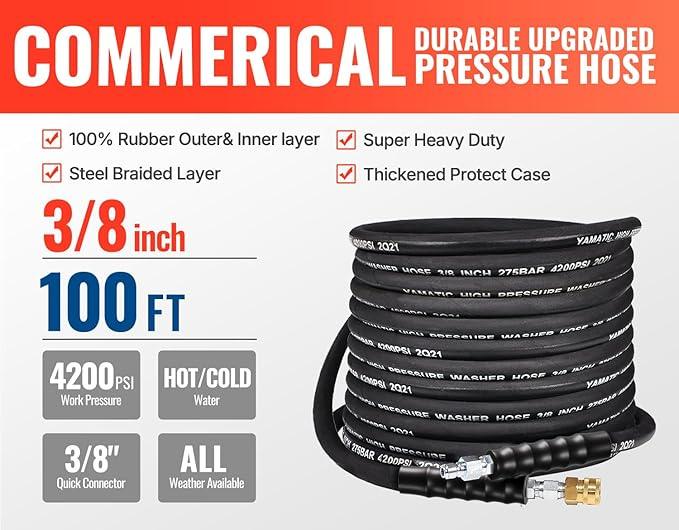 YAMATIC 3/8" Pressure Washer Hose 100 FT 4200 PSI for Hot/Cold Water, Kink Resistant Swivel 3/8" & M22-14 Quick Connection Wear Resistant Industry Grade Compatible with Most Power Washer - NeatNest