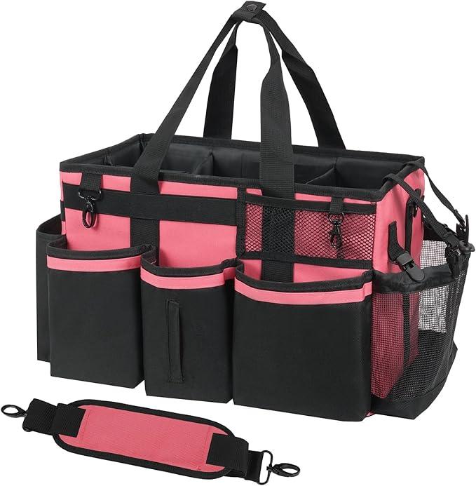 Wearable Cleaning Caddy, Cleaning Caddy Supplies Organizer with Handle & Shoulder Straps for Housekeepers, Under Sink & Car Cleaning Tool Organizers Bag with 4 Foldable Divider (OleanderRed) - NeatNest