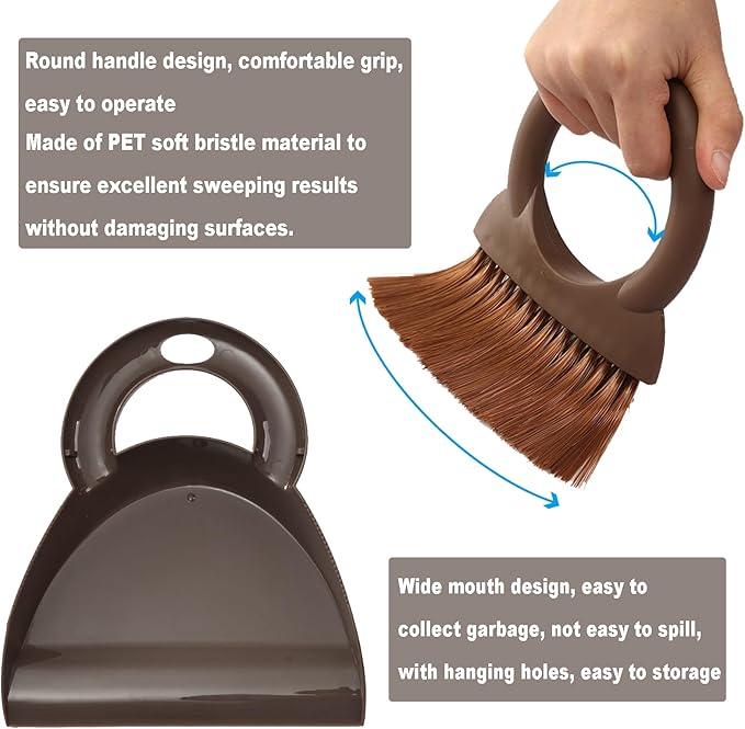 Round Handle Brush and Dustpan Set Small Broom & Dustpan Portable Handheld Sweeper for Desktop Sofa Floor Pet Nest (Coffee) - NeatNest