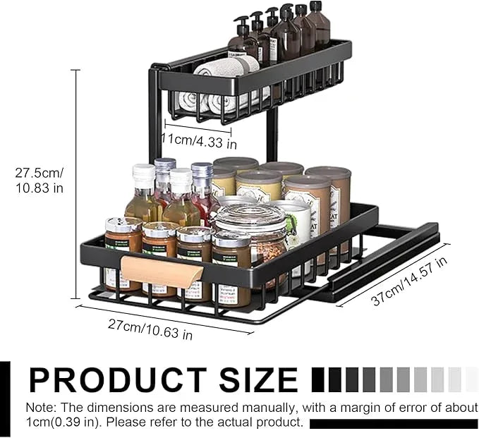 2-Tier Sliding Under Sink Organizer, L-shape Pull Out Cabinet Organizers, Multi-purpose Sink Storage Shelves, Metal Mesh Drawer Organizer for Bathroom Kitchen (Black, Pull-Down Style) - NeatNest