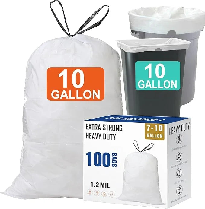 10 Gallon Drawstring Trash Bags (100 Count) 1.2 Mil Heavy Duty Garbage Bags Compatible with Rubbermaid Brute 10 Gallon Trash Can & Fit All 7, 9, 10, 13 Gallon Trash Can Tear & Leak Resistant - NeatNest