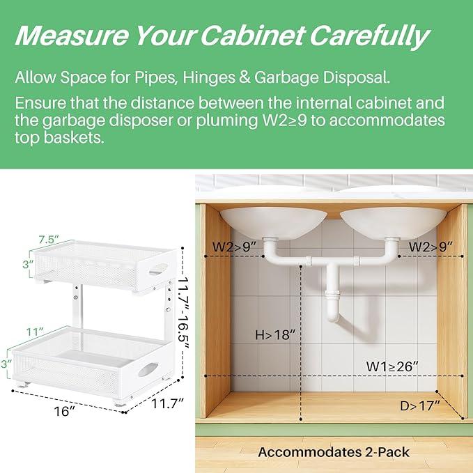 Under Sink Organizer, 2-Pack Pull Out Cabinet Organizer 2 Tier Metal Slide Out Storage Shelf Rack, L-Shaped Adjustable Height,Mesh Sliding Drawer for Kitchen, Bathroom, Laundry, Pantry, White, XL - NeatNest