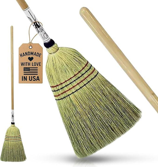 Handmade Amish Corn Broom with Wooden Handle – 57" Heavy Duty Broom for Courtyard, Lobby & Market, 100% Corn Fill Straw Broo'm, 4 Sews Indoor & Outdoor Bristle for Sweeping - Yellow - NeatNest