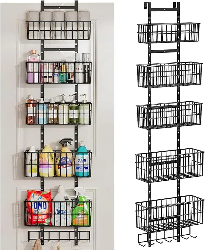 Adjustable Over The Door Organizer, Metal Hanging Door Organizer with 5 Wire Basket 7 Hooks, Wall Mounted Shelf for Pantry Laundry Organization and Storage, Black - NeatNest