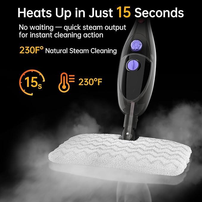 Steam Mop, 12-in-1 Detachable Handheld Steam Cleaner, 15s Fast Heat-Up Floor Steamer for Hardwood Floors, Tile, Carpet, Clothes, Windows & Furniture, Lightweight Design,Two-Sided Adjustable Mop Head - NeatNest