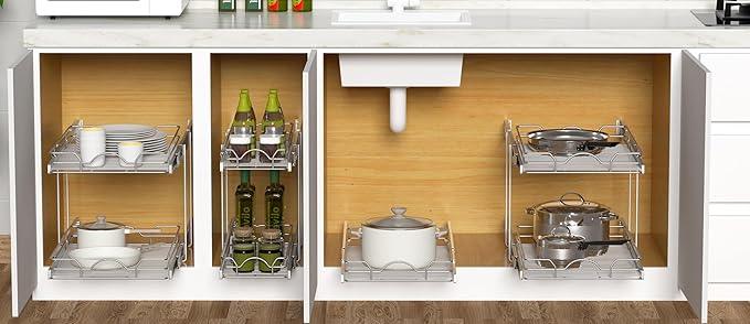OCG 2 Tier Pull Out Cabinet Organizer (21.5" W x 21" D), Pull Out Drawers for Kitchen Cabinets, Pull Out Shelves for Base Cabinet Organization in Kitchen Bathroom Pantry, Chrome Finish - NeatNest
