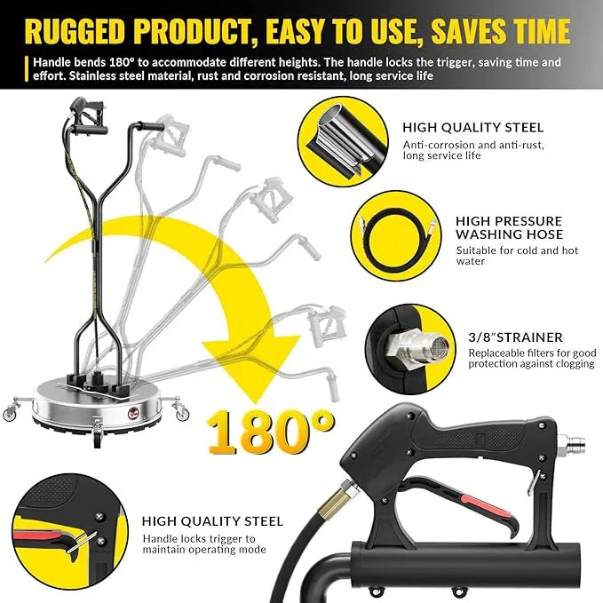 20'' Pressure Washer Surface Cleaner,4500PSI Power Washer Surface Cleaner Attachment with Wheels,Dual Handle,Stainless Steel Housing, 3/8'' Quick-Connect for Driveway Sidewalk Curb Deck Patio Cleaning - NeatNest