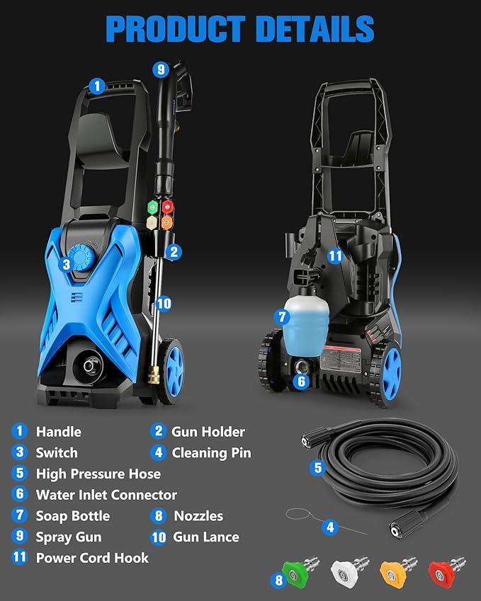 Electric Pressure Washer, 2.8 GPM High Power Washer Adjustable Pressure 2500PSI-5000PSI with 33FT Extension Hose, 4 Nozzles and Soap Bottle for Cars/Fences/Driveways - NeatNest