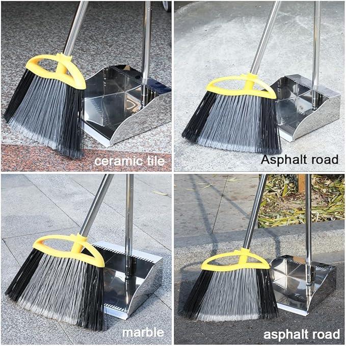 Broom and Dustpan Set, Outdoor Heavy Duty Broom with Stainless Steel Dustpan,Stiff Bristles Broom and Metal Dust Pan for Home - NeatNest