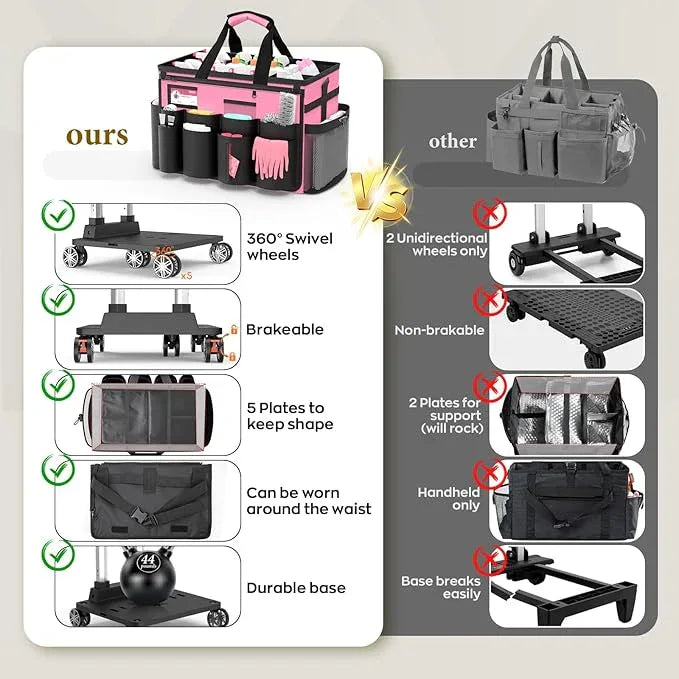Cleaning Caddy with Wheels - Rolling Cleaning Caddy Bag with Detachable Trolley, Cleaning Caddy for Cleaning Supplies, Cleaning Bag for Housekeeping, Pink - NeatNest
