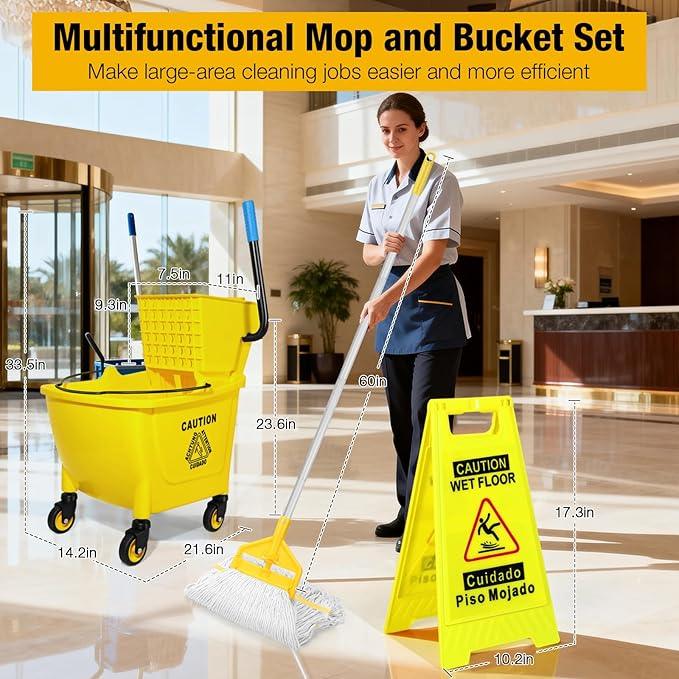 35 Qt Commercial Mop Bucket with Side Press Wringer on Wheels,Heavy Duty Industrial Mop and Bucket Set for Floor Cleaning,Including 1 Wet Floor Caution Sign for Household,Business,Yellow - NeatNest