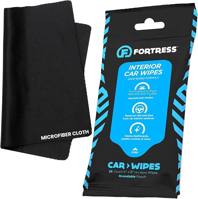 Fortress Car Interior Wipes with Microfiber Cloth (25 ct.) for Car Interior Cleaning, Dashboard, Seats, Detailing, and Steering Wheel [Travel Size] Skin-Safe Car Interior Cleaner Supplies - NeatNest