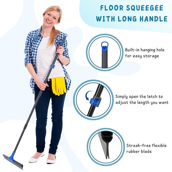 Floor Squeegee with Telescopic Long Handle 59'', Heavy Duty 18" Rubber Wiper Broom for Concrete, Bathroom Tile, Garage, Deck - NeatNest