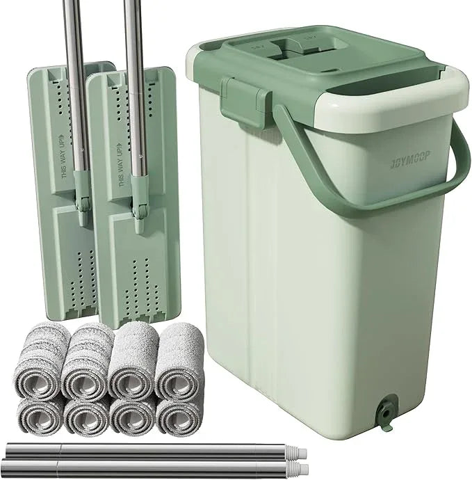 JOYMOOP Mop and Bucket with Wringer Set for Floor Cleaning and Wall Cleaner, Flat Mop and Bucket System Set with 2 Mops and 8 Large Microfiber Pads - Green - NeatNest