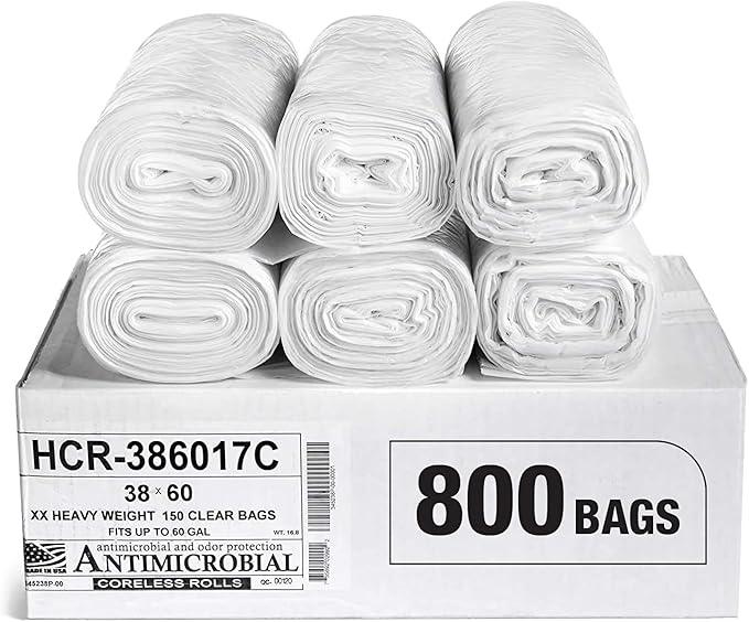 Aluf Plastics High Density Trash Bags, 60 Gallon, 800 Count, 17 Micron (eq), 38" x 60", Clear, for Bathroom, Office, Industrial, Commercial, Janitorial, Municipal, Recycling - NeatNest