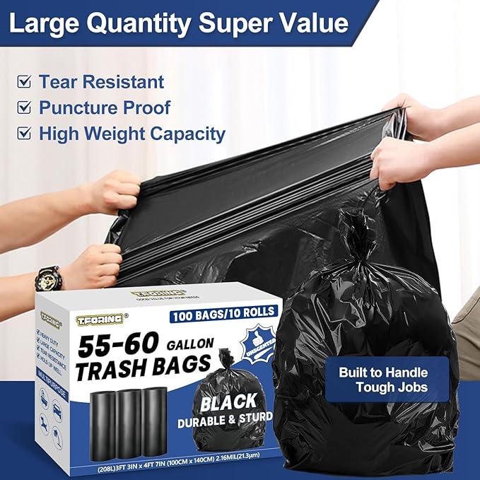 55-60 Gallon Trash Bags Heavy Duty 2.1 Mil - 39''x55'' 100 Count Extra Thick Black Garbage Bags Unscented Strong Huge Can Liners for Construction Industrial Yard Outdoor Commercial - NeatNest