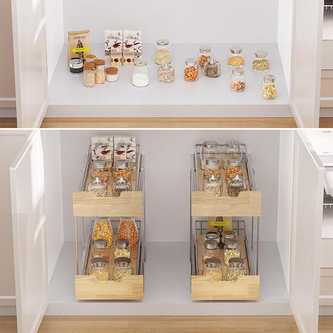 Pull Out Cabinet Organizer,Heavy-Duty Slide Out Shelf, Wood and Wire Basket, Pull Out Drawer for for Kitchen Under Sink Space, Pantry, Bathroom, 2 Tie 9 * 21 in - NeatNest