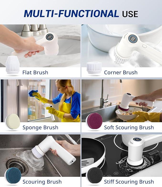 AIRSEE Cordless Electric Spin Scrubber, Handheld Power Shower Cleaner Brush, 2 speeds, 6 Replaceable Brush Heads for Cleaning Floor, Window, Bathroom, Kitchen, for Elderly & Busy Family - NeatNest