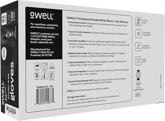 OWELL® Professional Grade Black Disposable Nitrile Gloves – 4 Mil Food Safe, Medical Exam, Powder-Free, Latex-Free Gloves - NeatNest