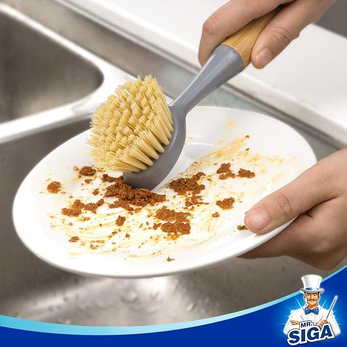 MR.SIGA Dish Brush with Bamboo Handle Built-in Scraper, Scrub Brush for Pans, Pots, Kitchen Sink Cleaning, Pack of 2 - NeatNest