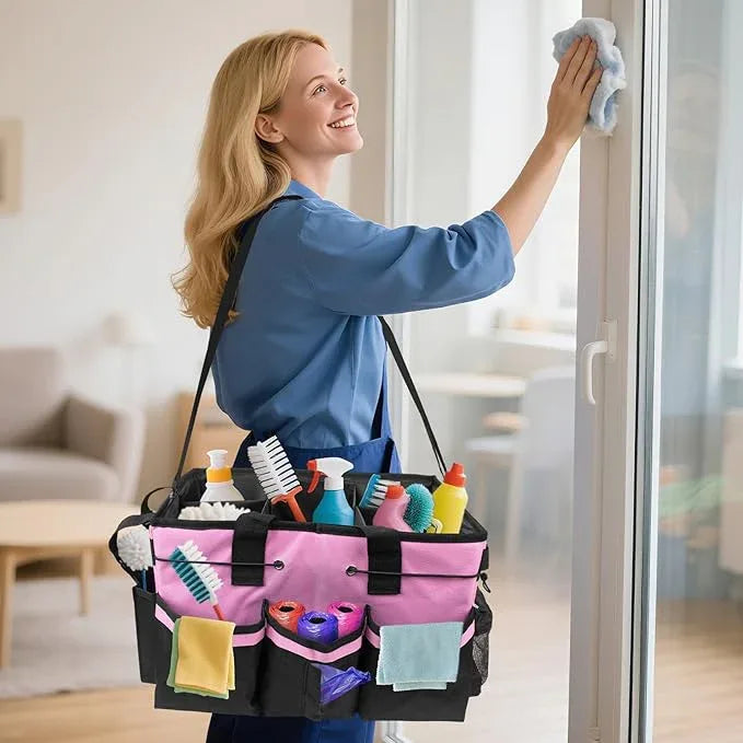 ZKOO Large Cleaning Caddy Bag with Handle, Built-in Sturdy Support Board, Adjustable Shoulder Strap, Multi-compartment Design Cleaning Supply Tote for Cleaners & Housekeepers (Pink) - NeatNest